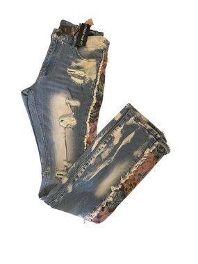Men's Slim Straight Distressed Blue Jeans with Floral Side Panel